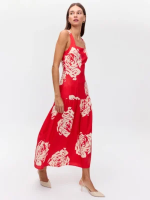 Nectar Roses – Vestido rojo con volante en maxi roses – mioh