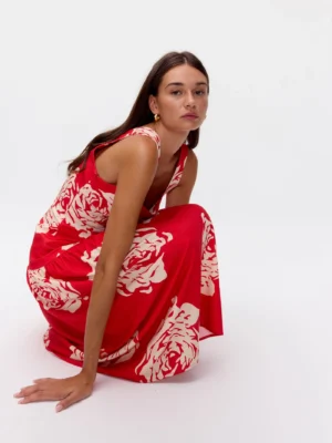 Nectar Roses – Vestido rojo con volante en maxi roses – mioh